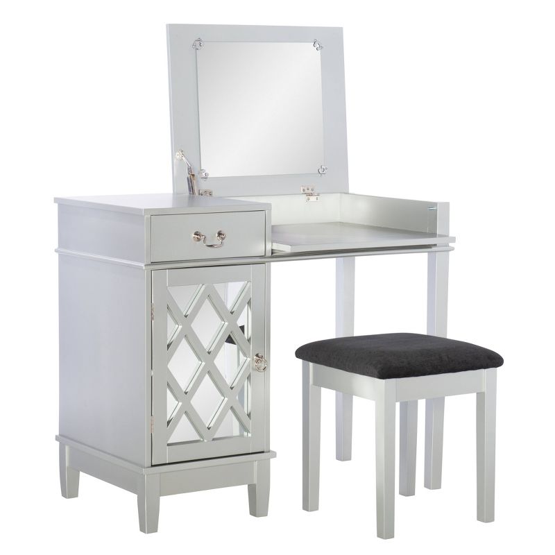 Glam Flip-up Mirror 1 Door Cabinet 1 Drawer Mirror and Wood Vanity and Stool Silver Lattice - Linon, 3 of 17