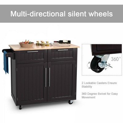 Brown Rubberwood Kitchen Cart with Storage and Casters