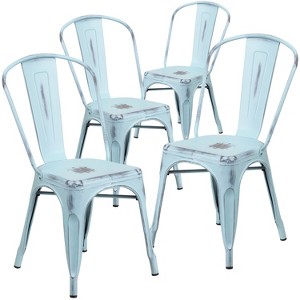 Emma and Oliver Commercial Grade 4 Pack Distressed Metal Indoor-Outdoor Stackable Chair - 1 of 4