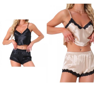 INSPIRE CHIC Women's 4 Pcs Loungewear Satin Lace Sleeveless Spaghetti-Strap Removable Pad Cami & Shorts Pajama Set