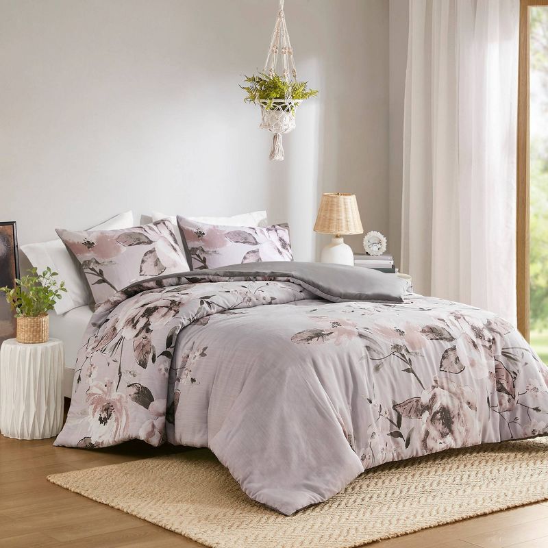 3pc Astrid Floral Printed Duvet Cover Set Lilac Purple - Madison Park, 1 of 12