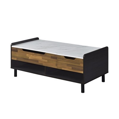 HomeRoots 47" White Black and Brown Faux Marble And Wood Lift Top Coffee Table With Drawer And Two Shelves