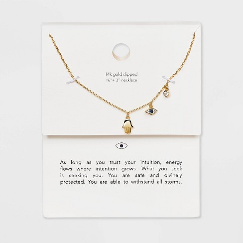 14K Gold Dipped Cubic Zirconia Evil Eye Charm Necklace - Gold