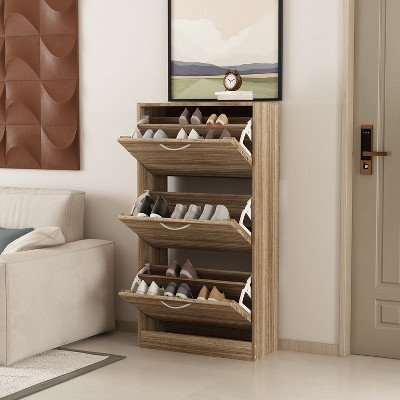 Brown Wood Grain 3-Tier Shoe Storage Rack with Metal Handles