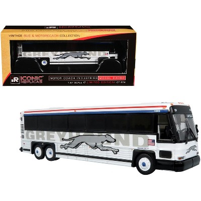 2001 MCI D4000 Coach Bus "Greyhound" White with Red and Blue Stripes 1/87 (HO) Diecast Model by Iconic Replicas