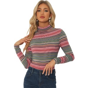 Allegra K Women's Turtleneck Long Sleeve Stretch Slim Plaid Casual Blouse - 1 of 4