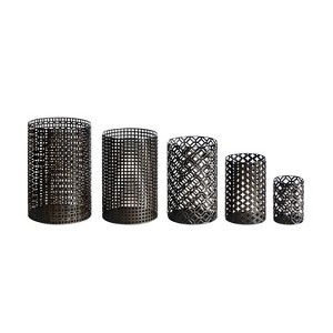HomeRoots Set of Five Dark Brown Pierced Geometric Metal Tabletop Hurricane Candle Holders - 1 of 3