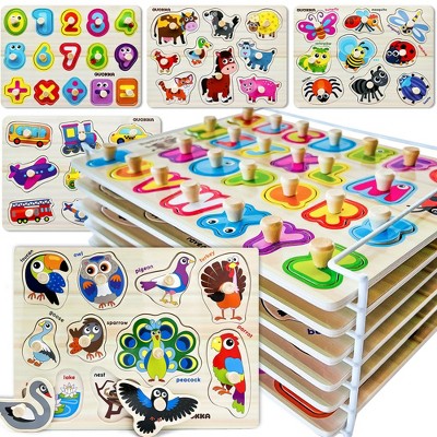 QUOKKA Wooden Puzzle Set with Rack for Toddlers 1 2 3 - Learning Alphabet, Numbers and Animals Toy Puzzles for Toddlers - 8XSET | 6XET
