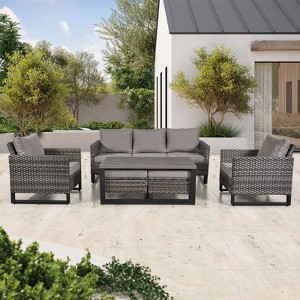 Belord 6 Pieces Outdoor Patio Furniture Set, Gray Wicker Rattan Patio Sofa Set with Chair, Ottoman and Coffee Table for Porch Deck Balcony - 1 of 4