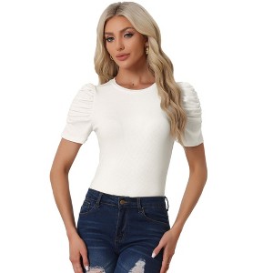 Allegra K Women's Casual Summer Round Neck Knit Ruched Sleeve T-Shirt - 1 of 4