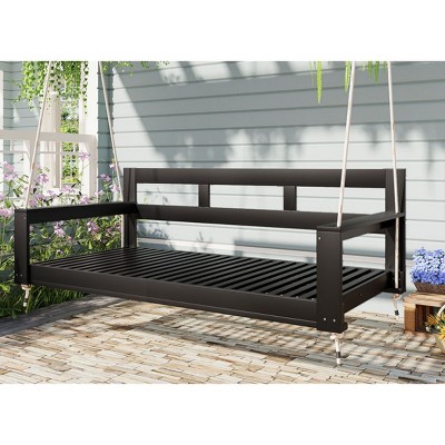 Twin Size Acacia Wood Outdoor Porch Swing Bed with Hemp Ropes – Minimalist Patio Daybed Frame, 1pc – Coolbibila