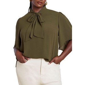 ELOQUII Women's Plus Size Bow Blouse With Flutter Sleeve - 1 of 3