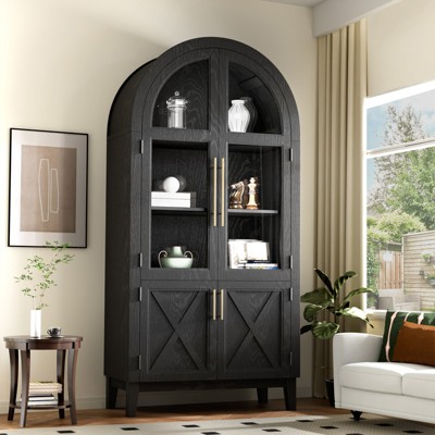 FURNIinspire Storage Sheds Arched Top Kitchen Storage Cabinet With Transparent Glass Door, Modern simple design, Black, 36"*18"*74"