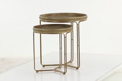Round Light Brown Wood and Gold Metal Nesting Tables Set