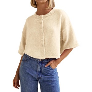 Women Summer Fall Casual Sweater Cardigan Short Sleeve Button Down Ribbed Knit Crop Top Crew Neck Loose Fit Shirt Blouse - 1 of 1