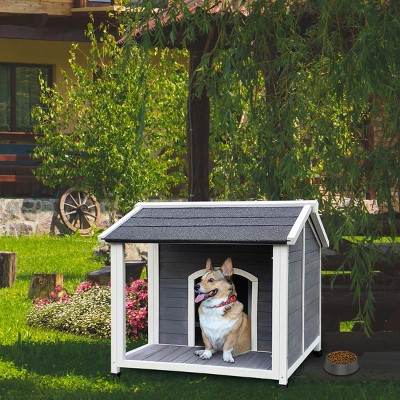 LAOTIES Outdoor Wooden Dog House,Waterproof Raised Kennel with Porch for Medium Dogs,Easy to Assemble