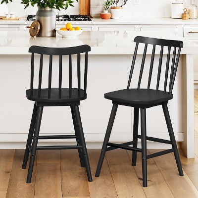 Arceso 360¡ã Swivel Bar Stools Set of 3, Black Windsor Farmhouse Stools with Spindle Back, 25 Inch Counter Height for Kitchen Island and Dining Room