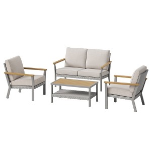 SONGMICS HOME Sencillo Collection - 4 Piece Patio Furniture Set, 2 Lounge Chairs, 1 Loveseat, 1 Coffee Table, Faux Wood, Gray and Beige - 1 of 4