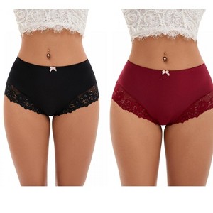 INSPIRE CHIC 2 Pcs Women's Lace Trim High Waist Briefs Seamless Lace Back Underwear Panties - 1 of 4