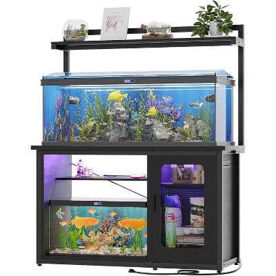 Aheaplus Reversible Fish Tank Stand with Hutch and Storage Cabinet, Aquarium Cabinet with Power Outlet & LED Light
