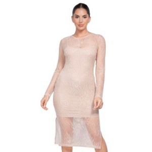Slickblue Women's Lace Midi Dress With Rhinestones, Mesh Detail, Side Slit Evening Style, Black/Grey/Tan, Size S-L - 1 of 4
