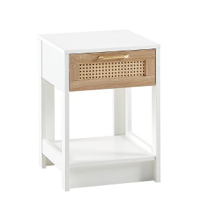 15.75" Rattan End Table with Drawer MDF Nightstand Side Table with Accessories for Living Bedroom White - 1 of 4