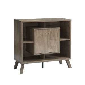 Vynxaria Compact display storage sideboard bookcase cabinet two door four open shelves metal knobs wooden flared legs - 1 of 4