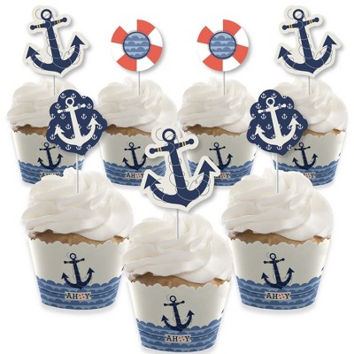 Big Dot of Happiness Ahoy - Nautical - Cupcake Decoration - Baby Shower or Birthday Party Cupcake Wrappers and Treat Picks Kit - Set of 24