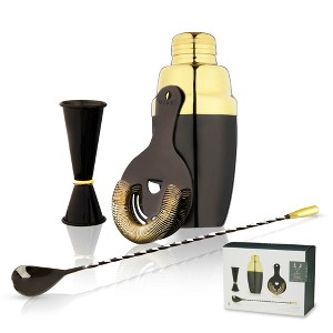 Viski Essential Barware Set, Includes Cobbler Shaker, Hawthorne Strainer, and Bar Spoon, Two Tone Gold and Gunmetal, Stainless Steel, Set of 4, Black - 1 of 4