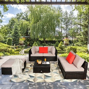 Costway 6PCS Outdoor Rattan Furniture Set Patio Seating Set Cushioned Ottoman - 1 of 4