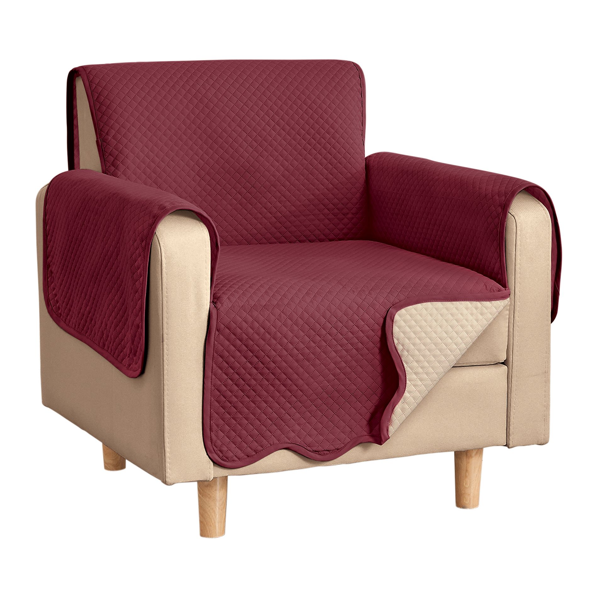 Collections Etc Lacey Scalloped Edge Reversible Quilted Furniture Protector Chair Burgundy/Ivory