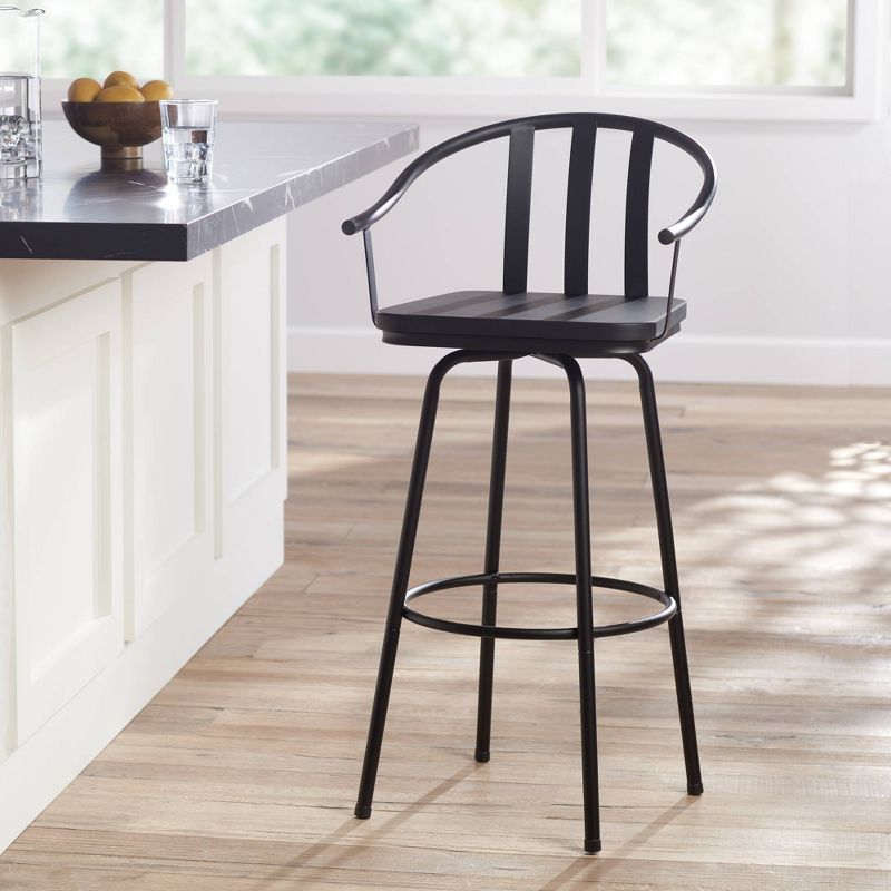 Elm Lane Lael Black Swivel Bar Stool 25 3/8" High Modern Industrial Wood Seat Curved Arm with Backrest Footrest for Kitchen Counter Height Island Home, 2 of 10