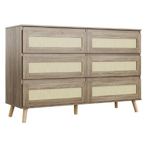 Bedroom Six-Drawer Chest, Modern Wide-Body Drawer Cabinet, Wooden Wardrobe Chest with Rattan-Woven Drawers, Suitable for 55-inch TV, Living Room - 1 of 4