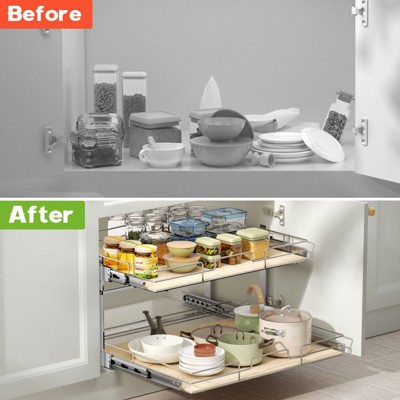 HomLux 2 Tier Individual Pull Out Cabinet Organizer 28?inW x 21?inD Slide Out Wood Shelves Storage for Kitchen Cabinet — фото 5