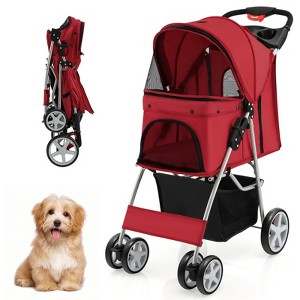 Costway 4 Wheel Pet Stroller w/ Storage Basket & Tray Adjustable Canopy Pets Burgundy - 1 of 4