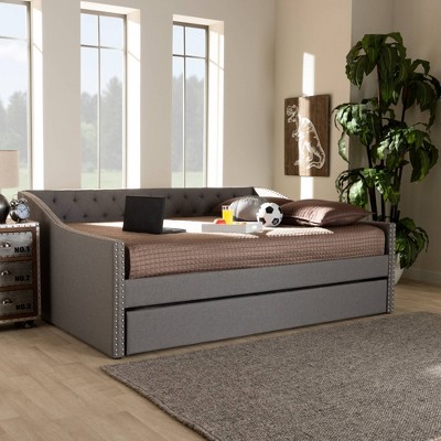 Light Gray Upholstered Full Daybed with Trundle and Nailhead Trim