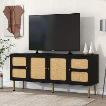 64.9" TV Stand with Rattan Doors, Fits TVs Up to 70", Woven Media Console Table with Gold Metal Base - ModernLuxe