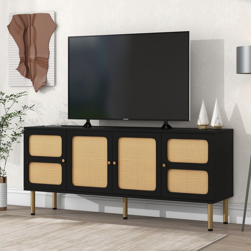 64.9" TV Stand with Rattan Doors, Fits TVs Up to 70", Woven Media Console Table with Gold Metal Base - ModernLuxe, 1 of 13