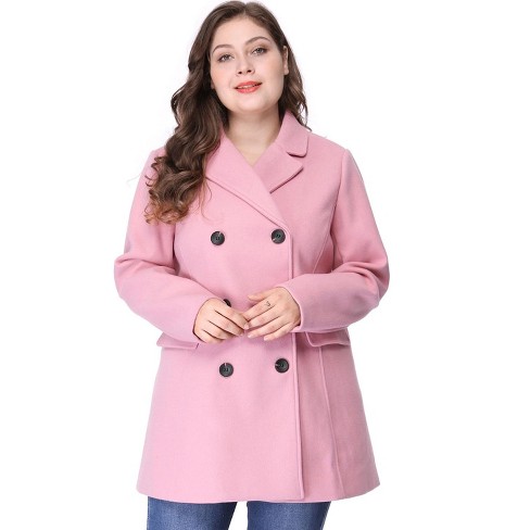 Agnes Orinda Women's Plus Size Winter Outfits Notched Lapel Double Breasted  Overcoats Pink 1X