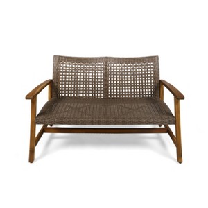 GDFStudio Jean Outdoor Acacia Wood and Wicker Loveseat - 1 of 4
