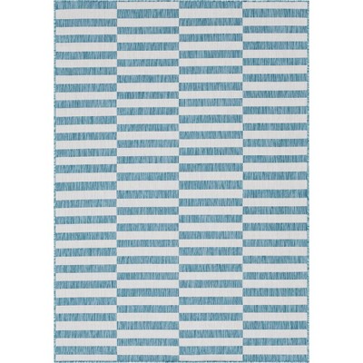 Coastal Breeze Light Aqua and Ivory Striped 7x10 Outdoor Rug