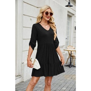 Coolmee Women's Summer  Dress Casual 3/7 Sleeve  Ruched Dresses V Neck A line Midi Dresses - 1 of 4