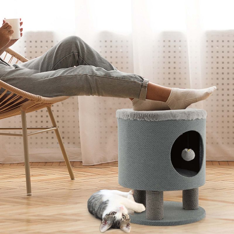 Costway 3-IN-1 Cat Condo Stool Kitty Bed with Scratching Posts & Plush Ball Toy Beige/Grey, 2 of 11