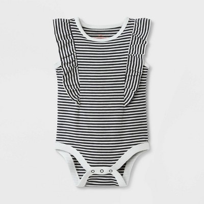 Image of Baby Girls' Ruffle Striped Short Sleeve Bodysuit - Cat & Jack™ Cream/Black Newborn