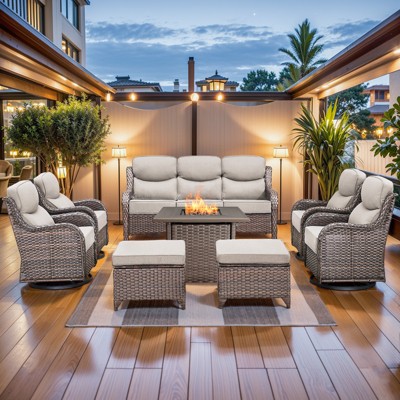 Buenhomino Patio Furniture Set with Fire Pit, Outdoor Wicker Furniture, 8 Pieces Deep Seat Rattan Conversation Sofa Sets with 6-inch Thicked Cushions