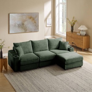 MYINDA 4 Pieces L-Shaped Corduroy Sofa Set with USB Charging Port, Multi-Functional Storage Armrests for Living Room,Green - 1 of 4