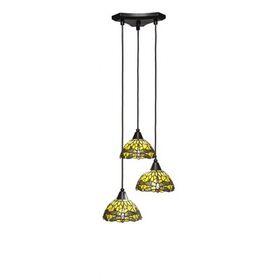 Toltec Lighting Europa 3 - Light Pendant in  Dark Granite with 7" Amber Dragonfly Art Glass Shade