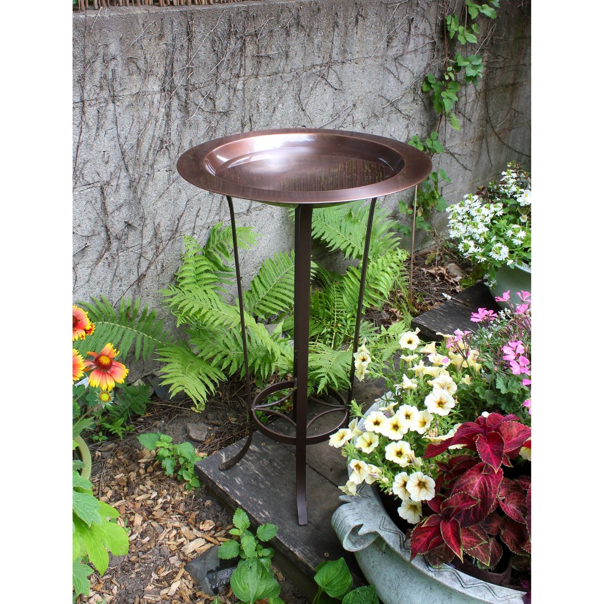 Achla Designs 28.5" Antique Copper Bird Bath with Roman Bronze Stand: Shallow Bowl, Wrought Iron Stand - thumbnail 4
