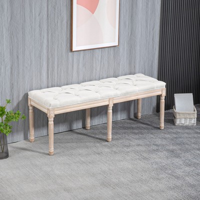 Cream Linen Upholstered Tufted Bedroom Bench with Wood Legs