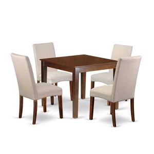 Rustic Dining Set 5Pc Square Table & Chairs - Cream Linen Fabric, Mahogany Legs - Home Kitchen Furniture - 1 of 4